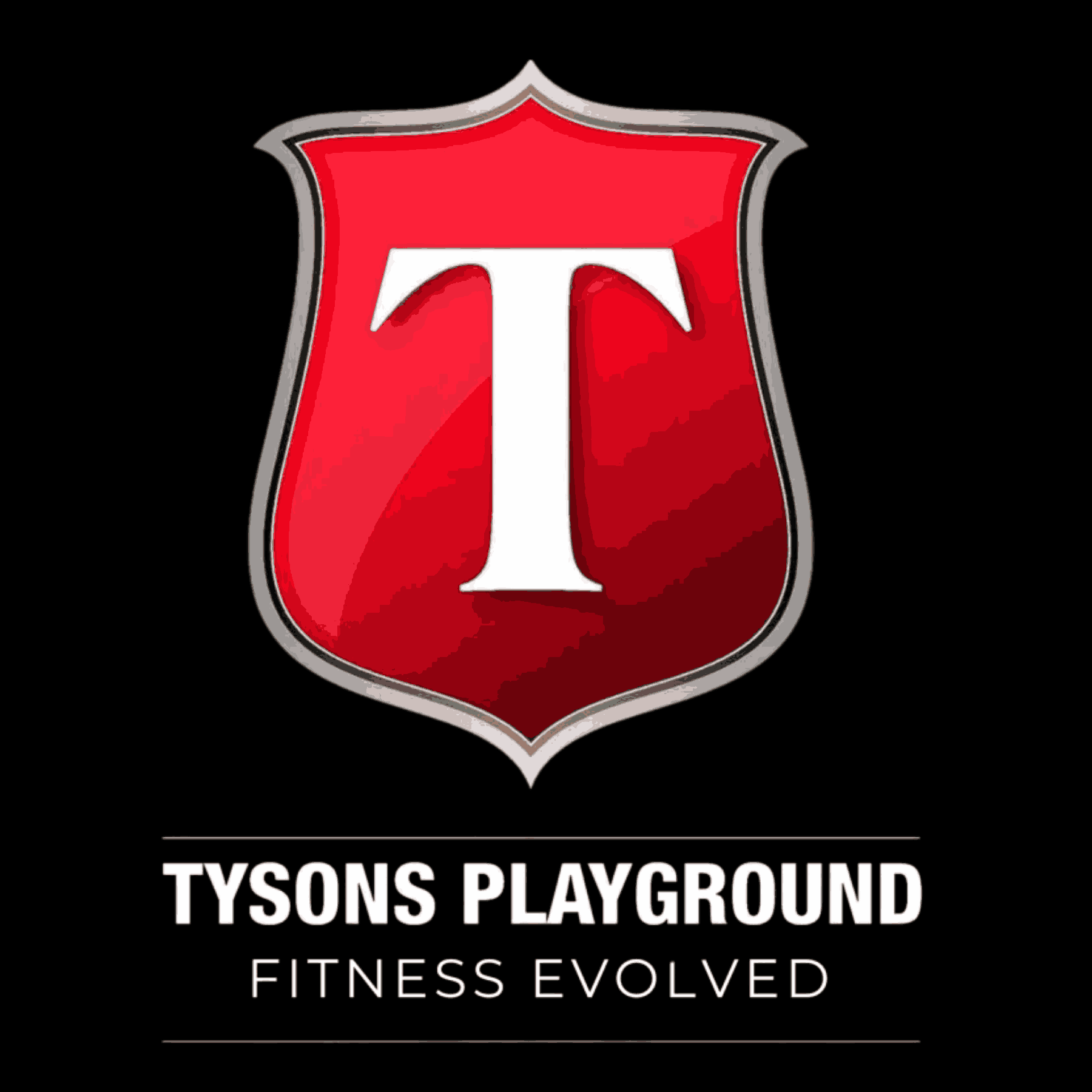 Tysons Playground logo with a bold red shield featuring a white letter T and the tagline Fitness Evolved