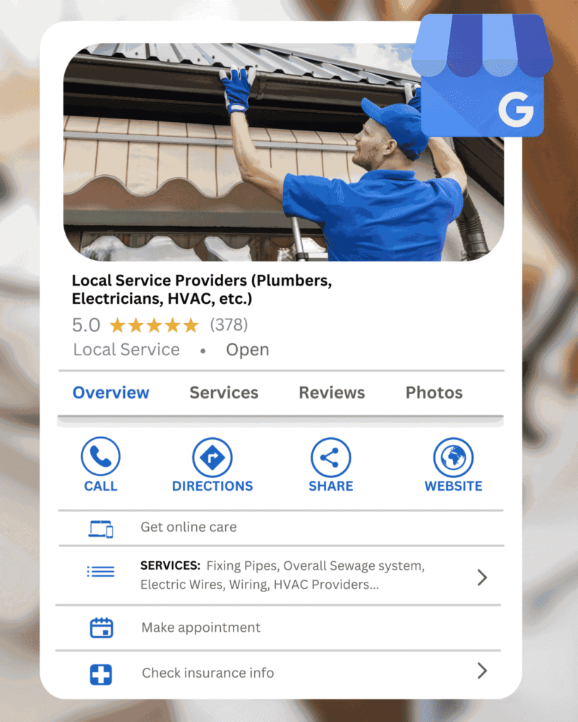 Google Business Profile listing for a local service provider, showing reviews, services, and contact options for plumbers, electricians, and HVAC businesses.