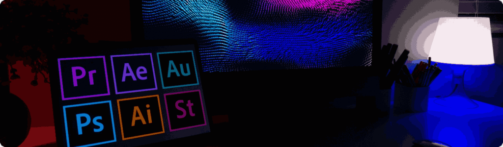 Creative graphic design workspace featuring Adobe Photoshop, Illustrator, Premiere Pro, and After Effects tools, highlighting professional graphic designer services.
