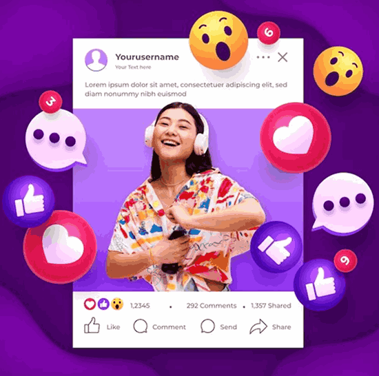 Illustration of a social media post with a woman wearing headphones, surrounded by likes, comments, and reaction icons.