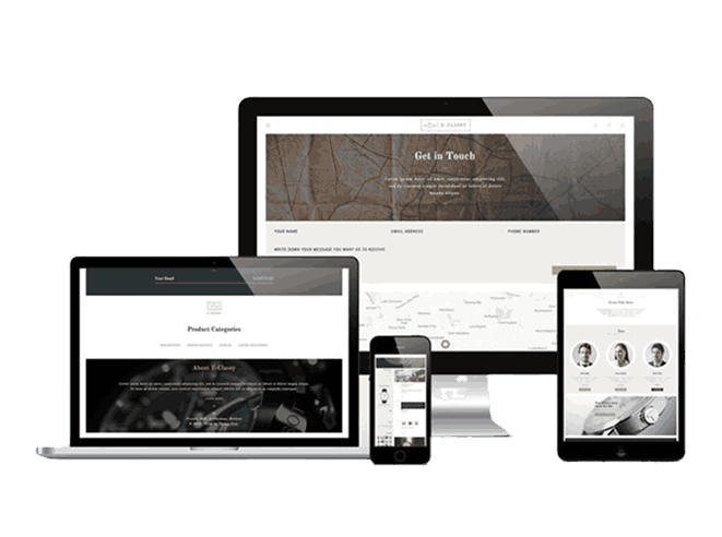 Responsive web development design showcasing a business website across desktop, laptop, tablet, and mobile devices.