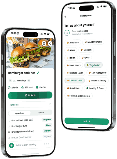 Mobile app development example showing a food recipe app UI with preferences and ingredients, highlighting custom iOS and Android app design services.