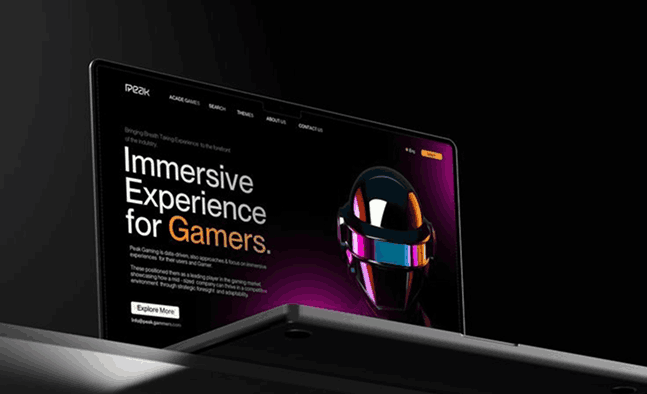 Creative gaming website UI design on a laptop, highlighting immersive user experience and modern web interface design.