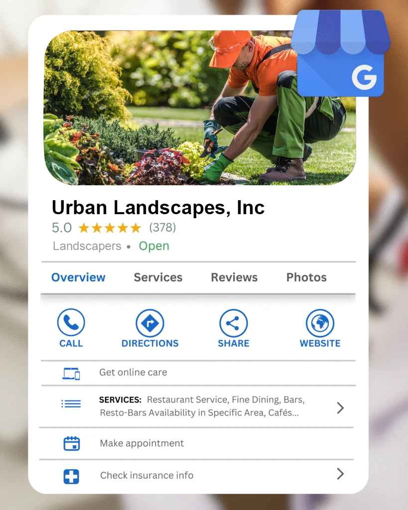 Local SEO and Google My Business optimization example for a landscaping company with 5-star reviews and service visibility.